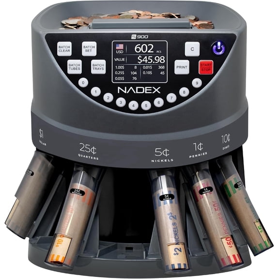 Nadex S900 Coin Sorter Counter and Wrapper Machine with 48 Preformed Coin Wrappers, Gray