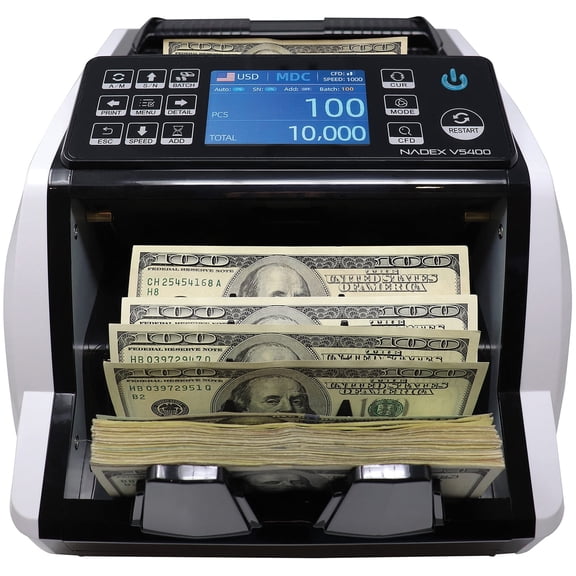 Nadex Coins V5400 Mixed-Denomination Money Counter and Counterfeit Detector, Bill and Notes Counting Machine, 1000 Notes per Minute, Black
