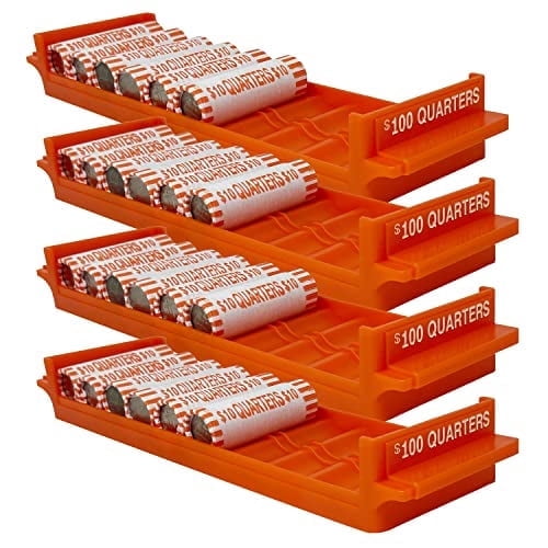 Nadex Heavy Duty Quarter Coin Trays with Coin Wrappers, Holds up to $100 in Quarter Coin Rolls per Tray, Stackable Coin Organizer for Retail, Business and Home Use, 4 Count