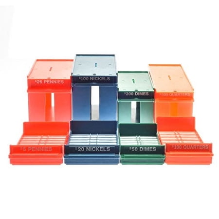 Nadex Money Storage Box and Tray Set, 8 Piece Organizer with 4 Rolled Coin Trays