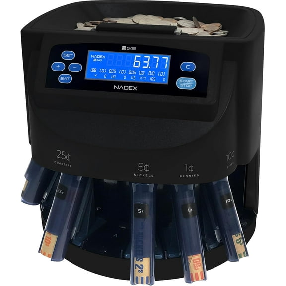 Nadex S545 Pro | Coin Counter, Sorter, and Wrapper | Sorts up to 300 Coins Per Minute | Comes with 48 Preformed Wrappers (Black)