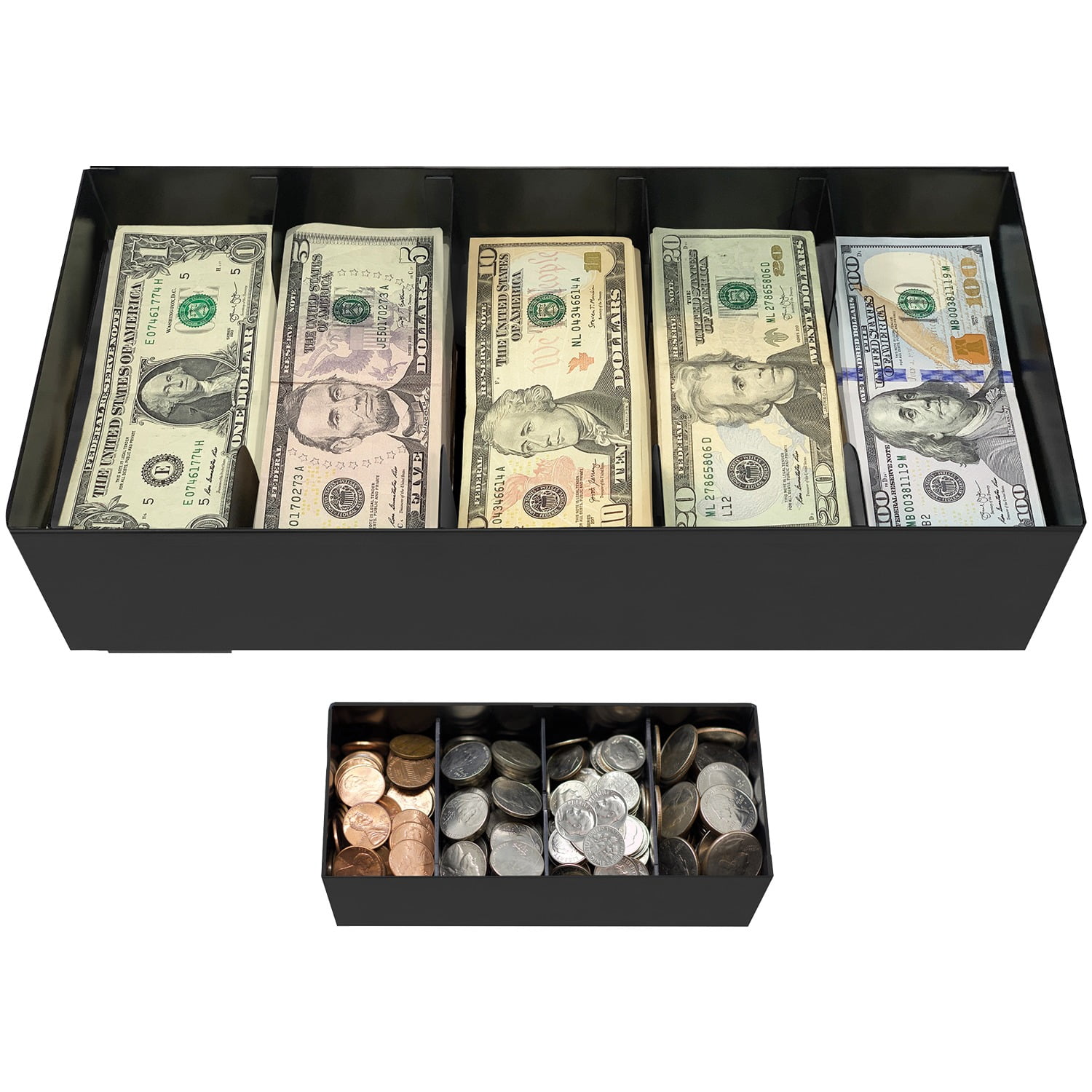 Black Steel Currency Tray with Lockable Cover and Coin Insert