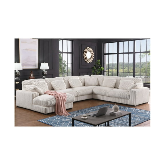 Nadine 155.5"W Beige Corduroy Fabric Modular Corner Sectional Left-Facing Chaise