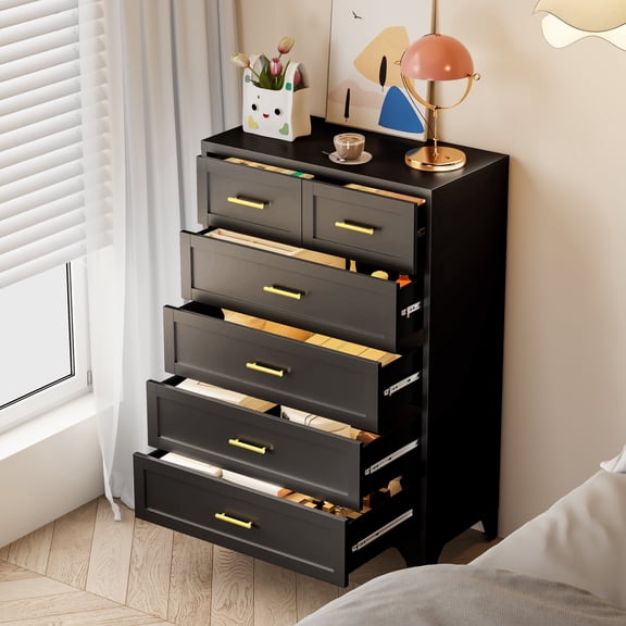 Nadoolite 6 Drawer Dresser for Bedroom, Metal Dresser with Gold Handles, Storage Cabinet Drawers Storage for Hallway, Office, Living Room, Black