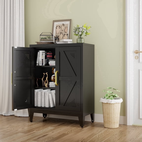 NadooLite Black Metal Storage Cabinet with Adjustable Shelves, 2 Doors, Multi-Use Organizers and Storage Garage,Dining,Bath,Laundry,Pantry, 32"H