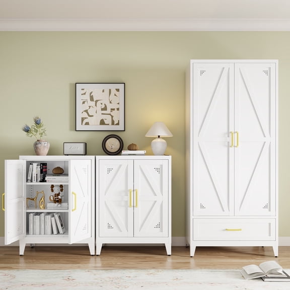 NadooLite White Metal Storage Cabinet with Adjustable Shelves, 2 Doors, Multi-Use Organizers and Storage Garage,Dining,Bath,Laundry,Pantry, 32"H