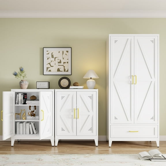 NadooLite White Metal Storage Cabinet with Adjustable Shelves, 2 Doors, Multi-Use Organizers and Storage Garage,Dining,Bath,Laundry,Pantry, 32"H