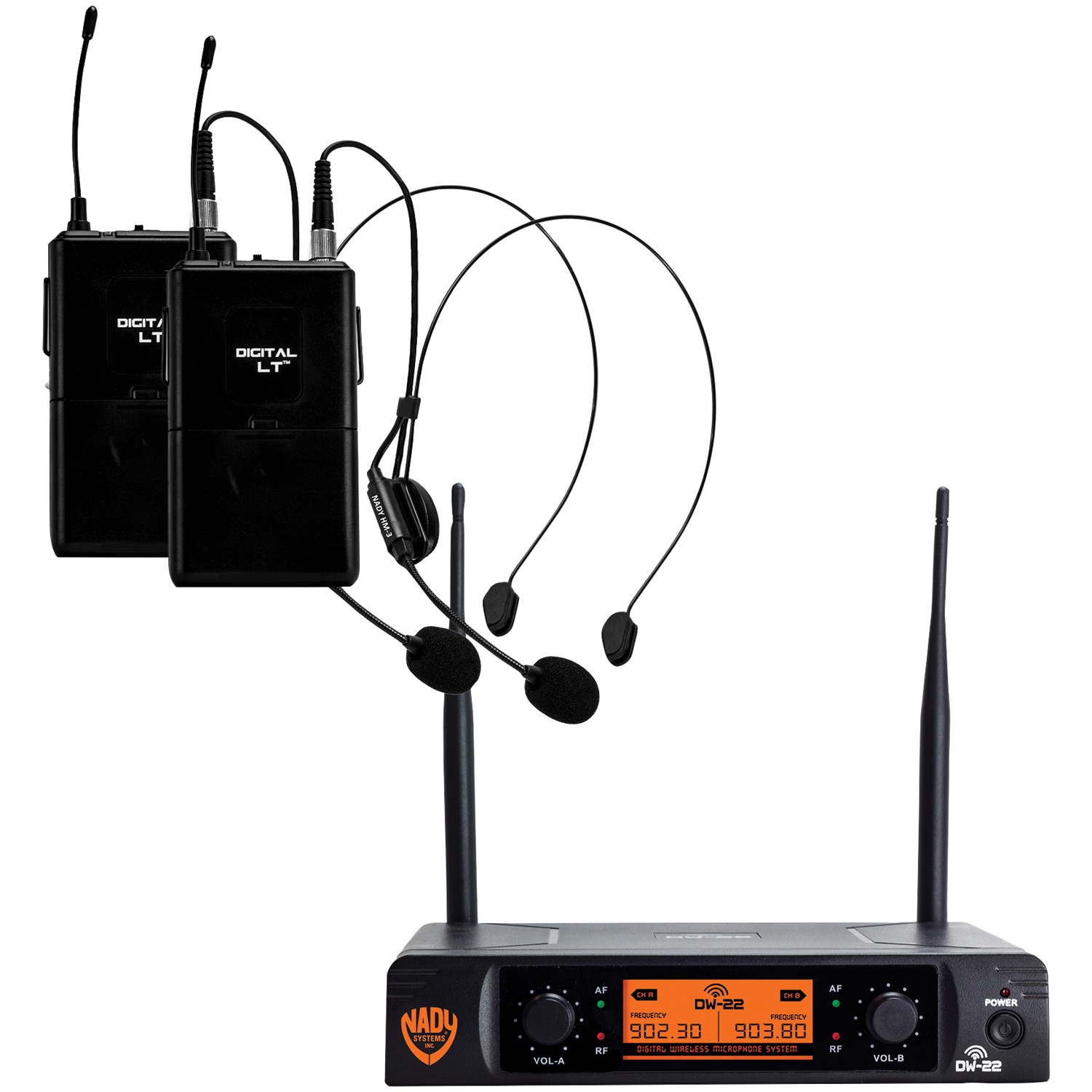Nady DW-22 Dual Digital Wireless Lapel ＆ Headset Microphone System - Ultra-Low Latency with QPSK Modulation - XLR and 1/4” outputs - UHF Range - Fix Nady DW-22-HT-ANY Dual-Transmitter Digital Wireless Microphone