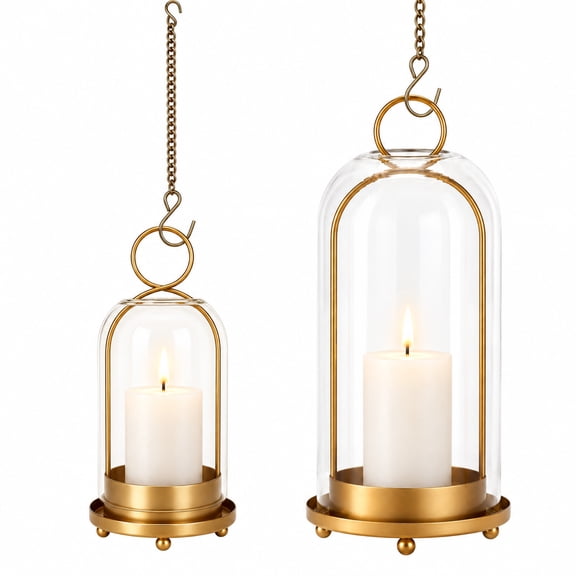 Naeqieo 5" & 4" Hurricane Glass Candle Holders Set of 2 with Candle, Metal Hanging Candle Holder with Glass Dome, for Home Decor, Table Decorations, Centerpiece, Gold
