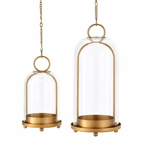 Naeqieo 5" & 4" Hurricane Glass Candle Holders Set of 2, Metal Hanging Candle Holder with Glass Dome, for Home Decor, Table Decorations, Centerpiece, Gold