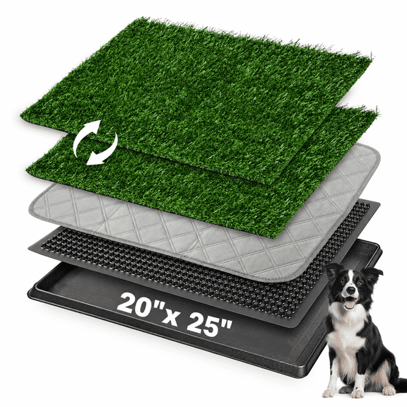 Naeqieo Dog Grass Pad with Tray, Dog Potty Tray with 2 Replacement Grass & Pee Pad, 4-Layer Reusable & Washable, for Indoor Potty Training, Apartments, Patio, RV Travel (25 x 20 Inch)