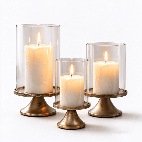 Naeqieo Gold Hurricane Candle Holders, Set of 3 Rustic Windproof Pillar Candle with Open Chimney Metal Base for Wedding Party Holiday Dining Table