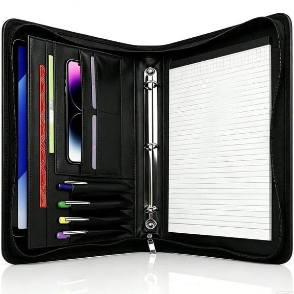 Naeqieo Leather Padfolio Portfolio 3 Ring Binder, Zippered document Organizer Folder with Card Holder, Phone Pouch, 13”Tablet Sleeve & Writing Pad, Professional Business Executive Gift, Black