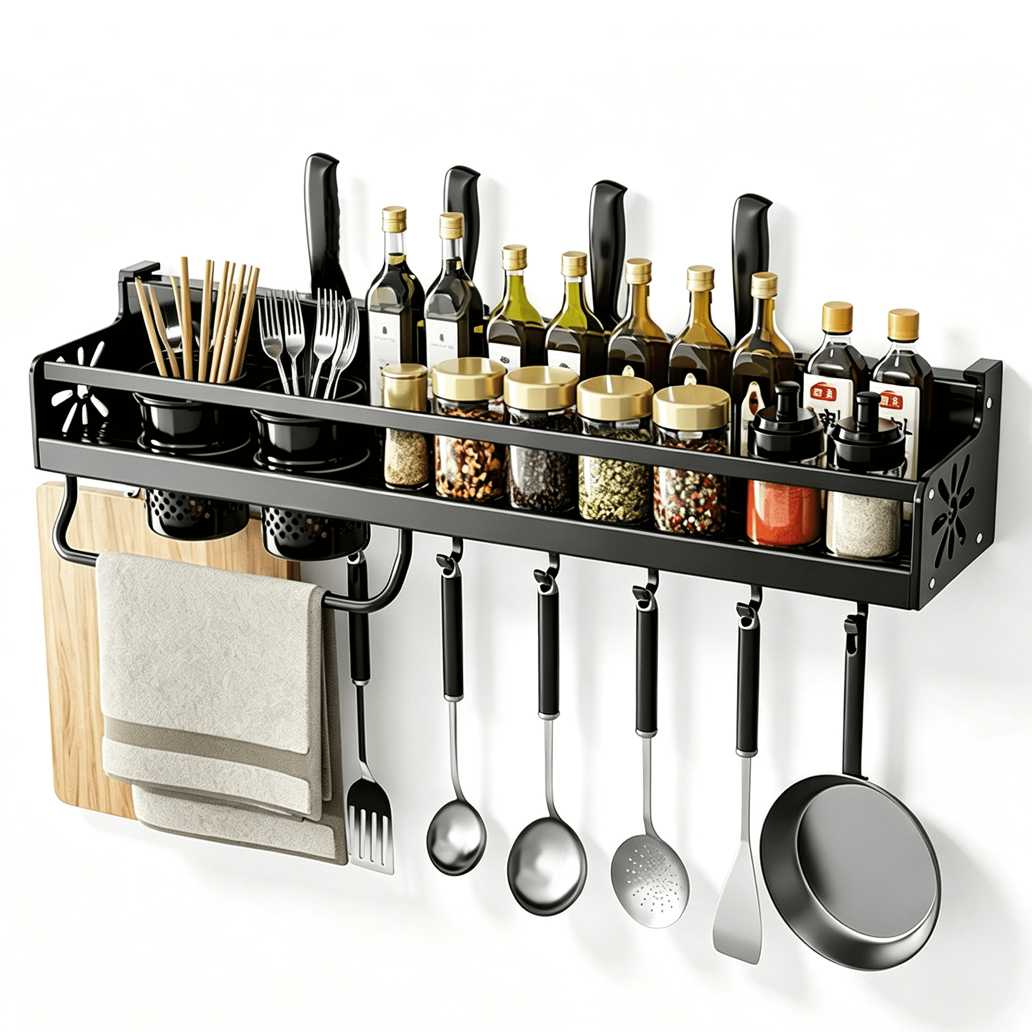 Naeqieo Spice Rack Wall Mount with Hooks & Kitchen Storage Shelf, Space-Saving Kitchen Utensil Rack for Utensils Spatula Spoon, Seasoning Jar Organize