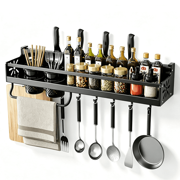 Naeqieo Spice Rack Wall Mount with Hooks & Kitchen Storage Shelf, Space-Saving Kitchen Utensil Rack for Utensils Spatula Spoon, Seasoning Jar Organize