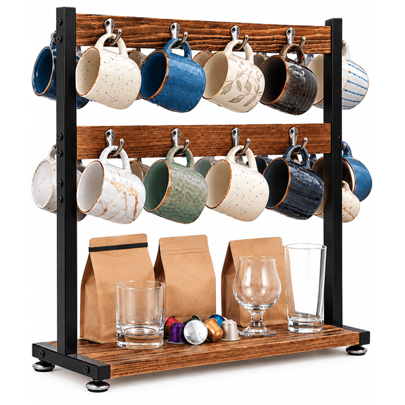 Naeqieo 2 Tier Coffee Mug Holder with 16 Hooks, Mug Rack with Storage Base for Countertop, Coffee Cup Holder Stand for Kitchen Coffee Bar, Mug Organizer Display Shelf for Home Office