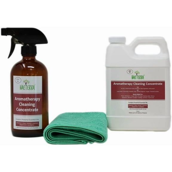 Naeterra Aromatherapy All-Purpose Cleaning Concentrate 32 oz | Includes 16 oz Glass Spray Bottle & Microfiber Towel | -Based, Essential Oil-Powered Household Cleaner