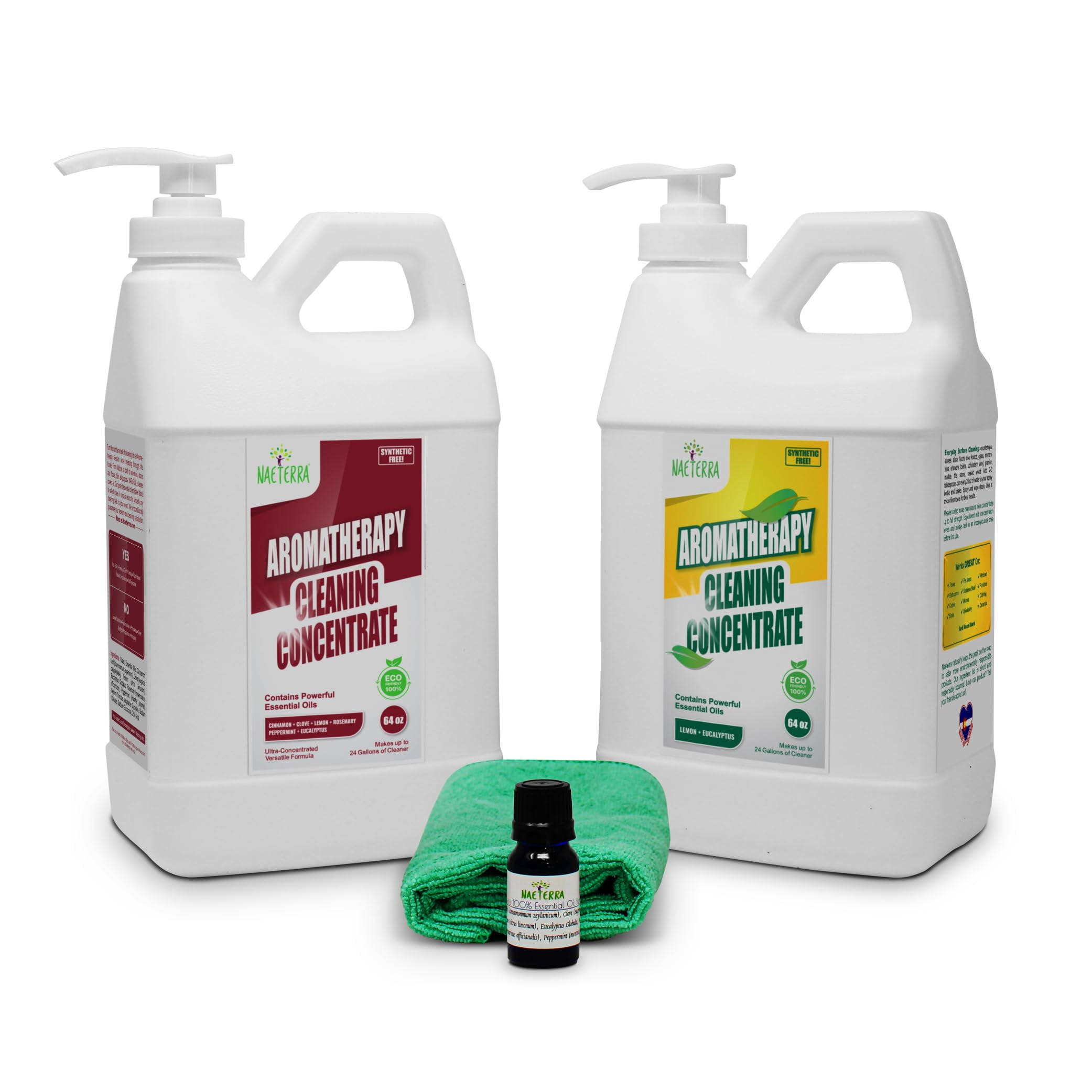 Naeterra Aromatherapy Cleaning Concentrate 64 oz + Lemon-Eucalyptus 64 oz + 1 Micro Fiber Towel + 10ML Naeterra Oil - Loaded with Clove, Cinnamon, Lemon, Eucalyptus, Rosemary, Peppermint