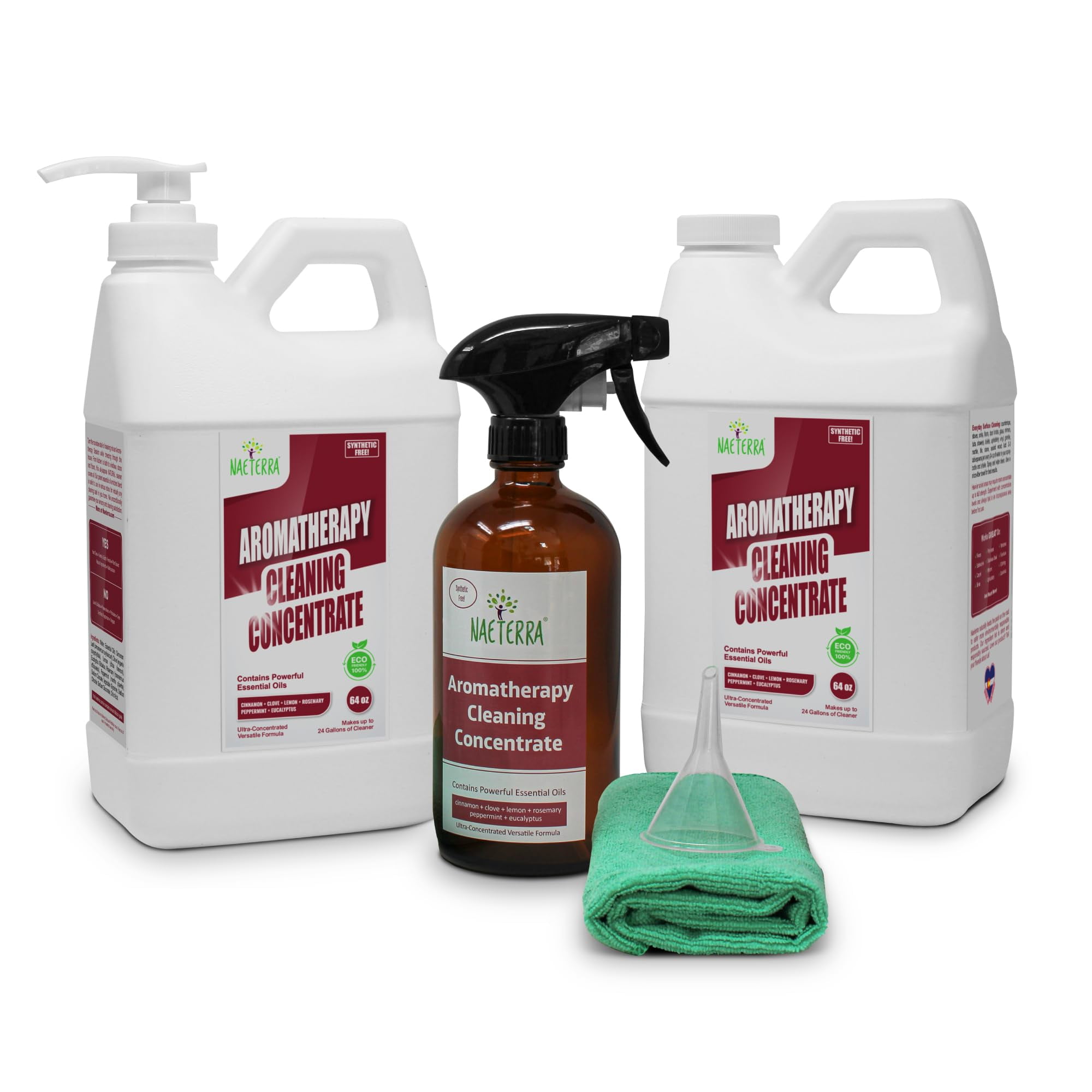 Naeterra Aromatherapy Cleaning Concentrate - Household Cleaner - All Natural, Plant Based, Synthetic Free 1 Gallon plus 16 Oz empty glass spray bottle. towel and funnel