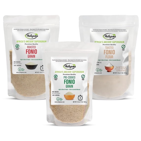 Nafajama Premium Fonio Variety 3 Packs-3lb, Organic Pre-cooked Fonio Grain, Roasted Fonio Grain Organic & Toasted Fonio Flour | Gluten-Free Ancient Grain | Non-GMO, Vegan, High-Fiber Rice Alternative