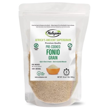 Nafajama Premium Gluten-Free Pre-Cooked Fonio Grain | Ancient African Super- grain| All-Natural, Non-GMO, Vegan, High-Fiber Superfood - 1 Bag of 1 lb / 454g