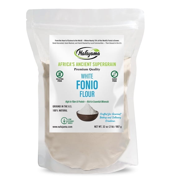 Nafajama Premium Gluten-Free White Fonio Flour | Ancient African Superfood | All-Natural, Non-GMO, Vegan, High-Fiber - 1 Bag of 2 lb / 907 g