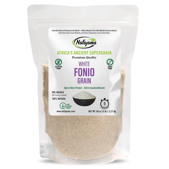 Nafajama Premium Gluten-Free White Fonio Grain | Pre-Washed Ancient African Super-Grain | Non-GMO, Vegan, High-Fiber Superfood | All-Natural, Uncooked - 1 Bag of 5 lb / 2.27kg