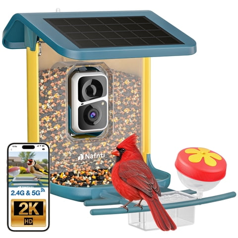 Nafnti 2K HD Smart Bird Feeder with Camera, 10000+ AI Bird Identification & Instant Alerts, Solar Bird Camera for 2.4GHz Wi-Fi, Weatherproof, Gift for Bird Watchers, Blue