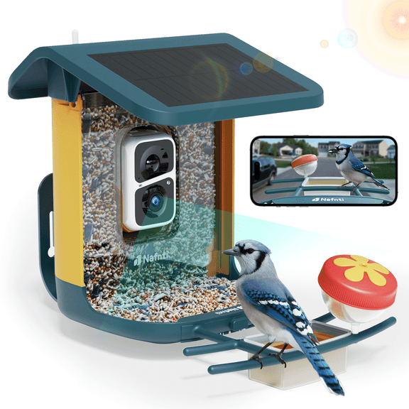 Nafnti Smart Bird Feeder, 5GHz/2.4GHz, 2K HD Bird Feeder Camera with Solar Roof, AI Bird Species Identify, IP65 Waterproof Rating, for Bird Watcher Gift, Blue