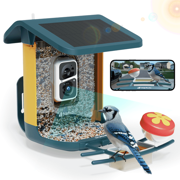 Nafnti Smart Bird Feeder, 5GHz/2.4GHz, 2K HD Bird Feeder Camera with Solar Roof, AI Bird Species Identify, IP65 Waterproof Rating, for Bird Watcher Gift, Blue