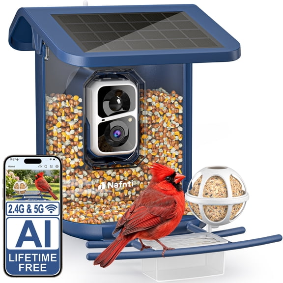 Nafnti Bird Feeder with Camera, Lifetime Free AI Bird Recognition, 2K Camera Bird Feeder with Solar Powered, 5GHz/2.4GHz, IP65 Waterproof
