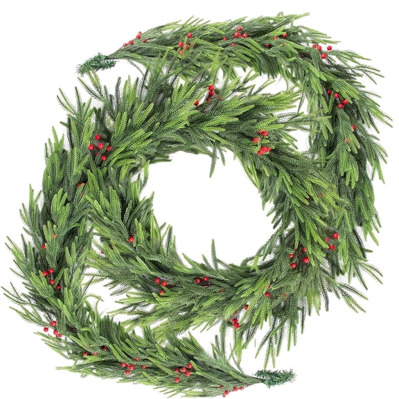 Nafresh 2Pcs 9ft Real Touch Norfolk Pine Garland, 108" Realistic Faux Christmas Garland with Red Berries for Fireplace Table Stair Window Front Door Decor
