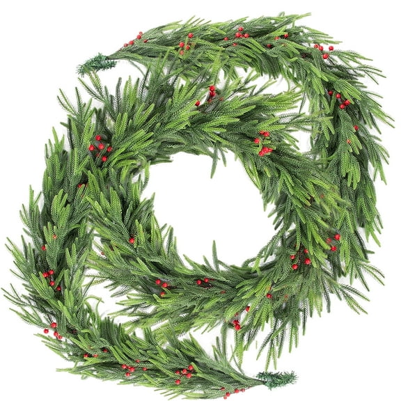 Nafresh 2Pcs 9ft Real Touch Norfolk Pine Garland, 108" Realistic Faux Christmas Garland with Red Berries for Fireplace Table Stair Window Front Door Decor