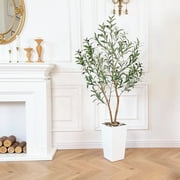 Nafresh 5ft Faux Olive Tree with Multiple Real Wood Trunks & White Decorative Tall Planter, 60in Artificial Olive Tree for Home Office Bedroom Porch Balcony Decor