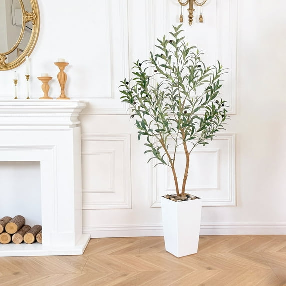 Nafresh 5ft Faux Olive Tree with Multiple Real Wood Trunks & White Decorative Tall Planter, 60in Artificial Olive Tree for Home Office Bedroom Porch Balcony Decor