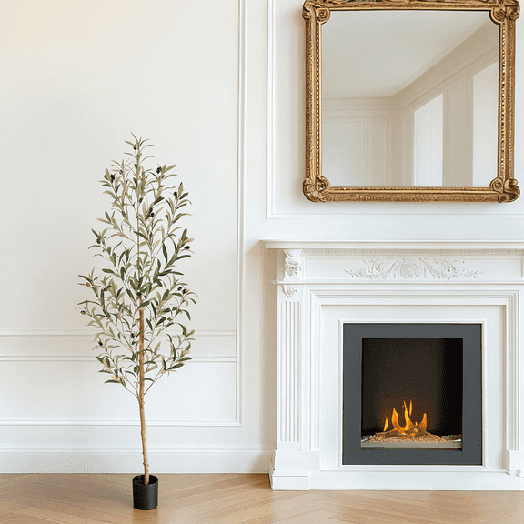 Nafresh 5ft Faux Olive Tree with Real Wood Trunk and Realistic Leaves, 60in Fake Olive Tree with Lifelike Fruits for Indoor Outdoor Decor