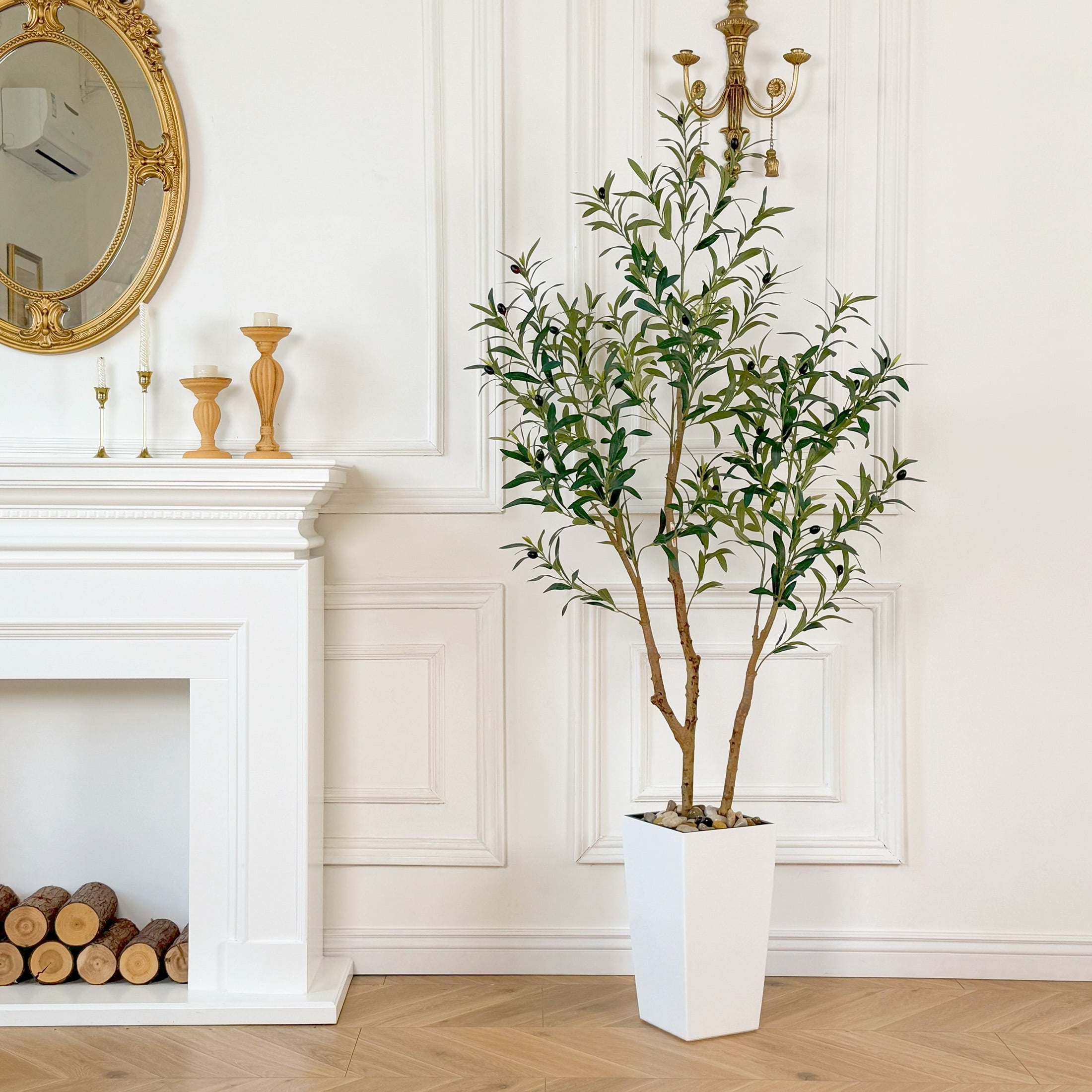 Nafresh 6ft Faux Olive Tree with Multiple Real Wood Trunks & White Decorative Tall Planter, 72in Artificial Olive Tree for Home Office Bedroom Porch Balcony Decor