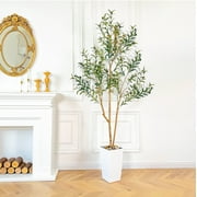 Nafresh 7ft Faux Olive Tree with Multiple Real Wood Trunks & White Decorative Tall Planter, 84in Artificial Olive Tree for Home Office Bedroom Porch Balcony Decor