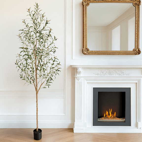 Nafresh 7ft Faux Olive Tree with Real Wood Trunk and Realistic & Full Leaves, 84in Fake Olive Tree with Lifelike Fruits for Indoor Outdoor Decor