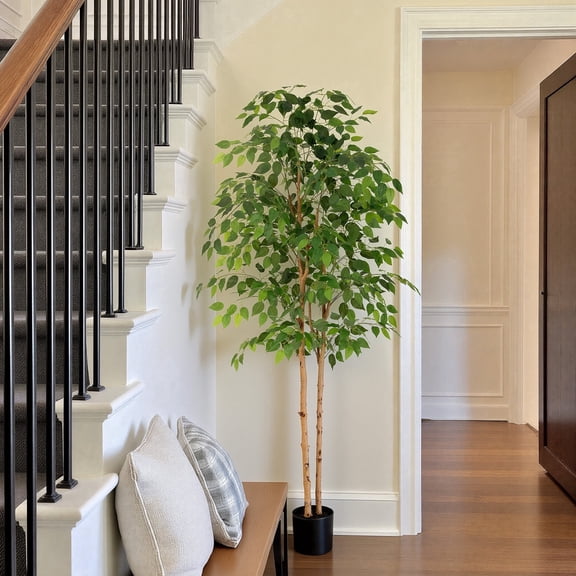 RosyHaven 6ft Real Touch Artificial Ficus Tree with Real Wood Trunks and Waterproof Leaves, 72"Resistant UV Faux Ficus Tree for Living Room Bedroom Dining Room Balcony Yard Patio Decor