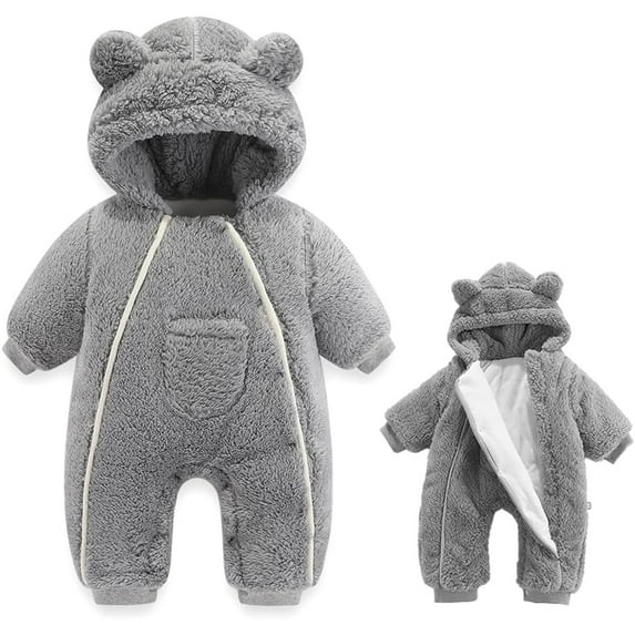 Nafuu Baby Boys Romper Solid Color Crew Neck Long Sleeve Newborns Animal Outfit Suit Thick Hooded Coat Winter Warm Clothes Outwear Snowsuit Baby Onesies,Grey,0-3 Months