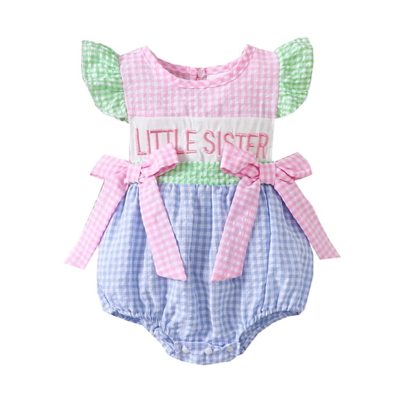 Nafuu Baby Girls Bodysuits Crew Neck Fly Sleeve Bowknot Grids Letter Romper Plaid Bodysuits Lovely Home Onesies,Blue,6-12 Months