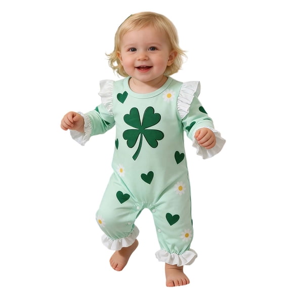 Nafuu Baby Girls Bodysuits Four-Leaf Clover Crew Neck St Patricks Day Applique Ruffle Sleeves Outfit For Toddler Photography Baby Onesies,Green,6-12 Months
