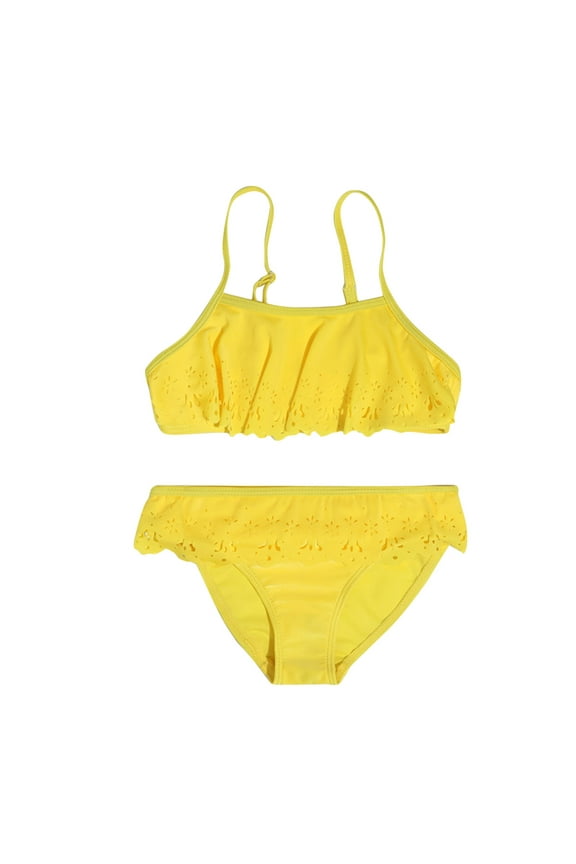 Baby Girls Swimwear Colorful Crew Neck Sleeveless Girl 2 Piece Sport High Waist Bikini Set Relaxed Fit Vacation Period Swimwear,Yellow,7-8 Years