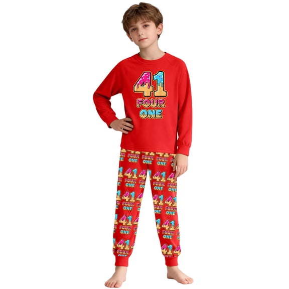 Nafuu Boys Outfits Set Crew Neck Ice Print Long Sleeve Pajama Sleepwear Two Piece Outfit Cozy Vacation Boys Matching Outfits,Red,7-8 Years