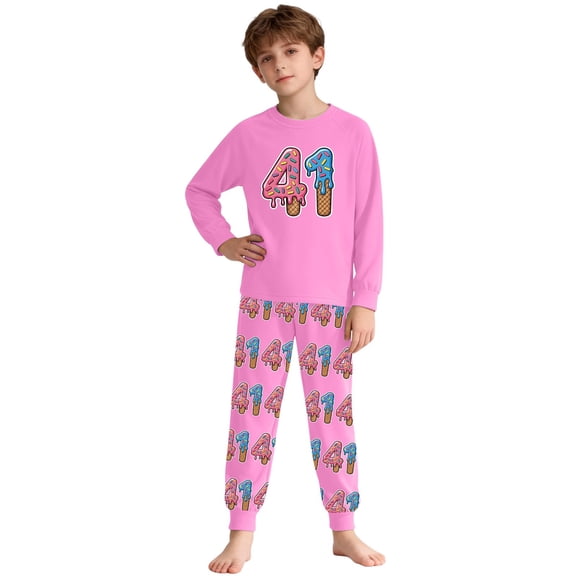 Nafuu Boys Outfits Set Crew Neck Ice Print Long Sleeve Pajama Sleepwear Two Piece Outfit Trendy Vacation Boys Matching Outfits,Hot Pink,5-6 Years