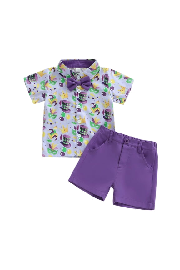 Boys Outfits Set Crew Neck Short Sleeve Carnival Gentleman Dress With Cartoon Prints For Formal Party Wear Childrens For Celebrations Classic Vacation Toddler Boy Sets,Purple,6-12 Months