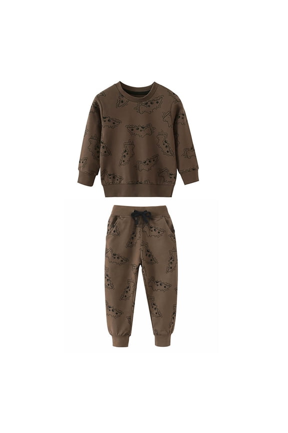 Boys Outfits Set Crew Neck Solid Color Long Sleeve Hooded Sweatshirt Casual Pullover Tracksuit Blend Two Piece Outfit For Daily Wear Leisure Home Boys Matching Outfits,Brown,1-2 Years