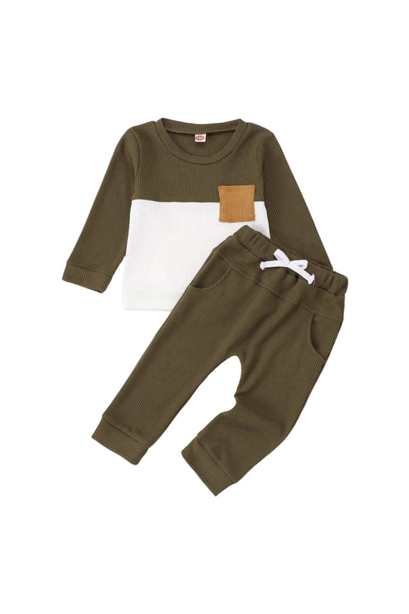 Boys Outfits Set Long Sleeve Color Crewneck Pullover Hoodie Pants Outfit For Toddlers Versatile Home Boys Matching Outfits,Army Green,18-24 Months