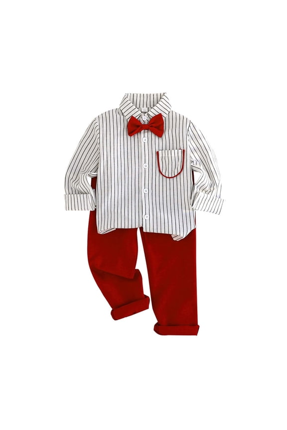 Boys Outfits Set Long Sleeve Stripes Dress Shirt Solid Pants Outfit For Fall Season With Bow Tie Classic Vacation Toddler Boy Sets,Red,2-3 Years